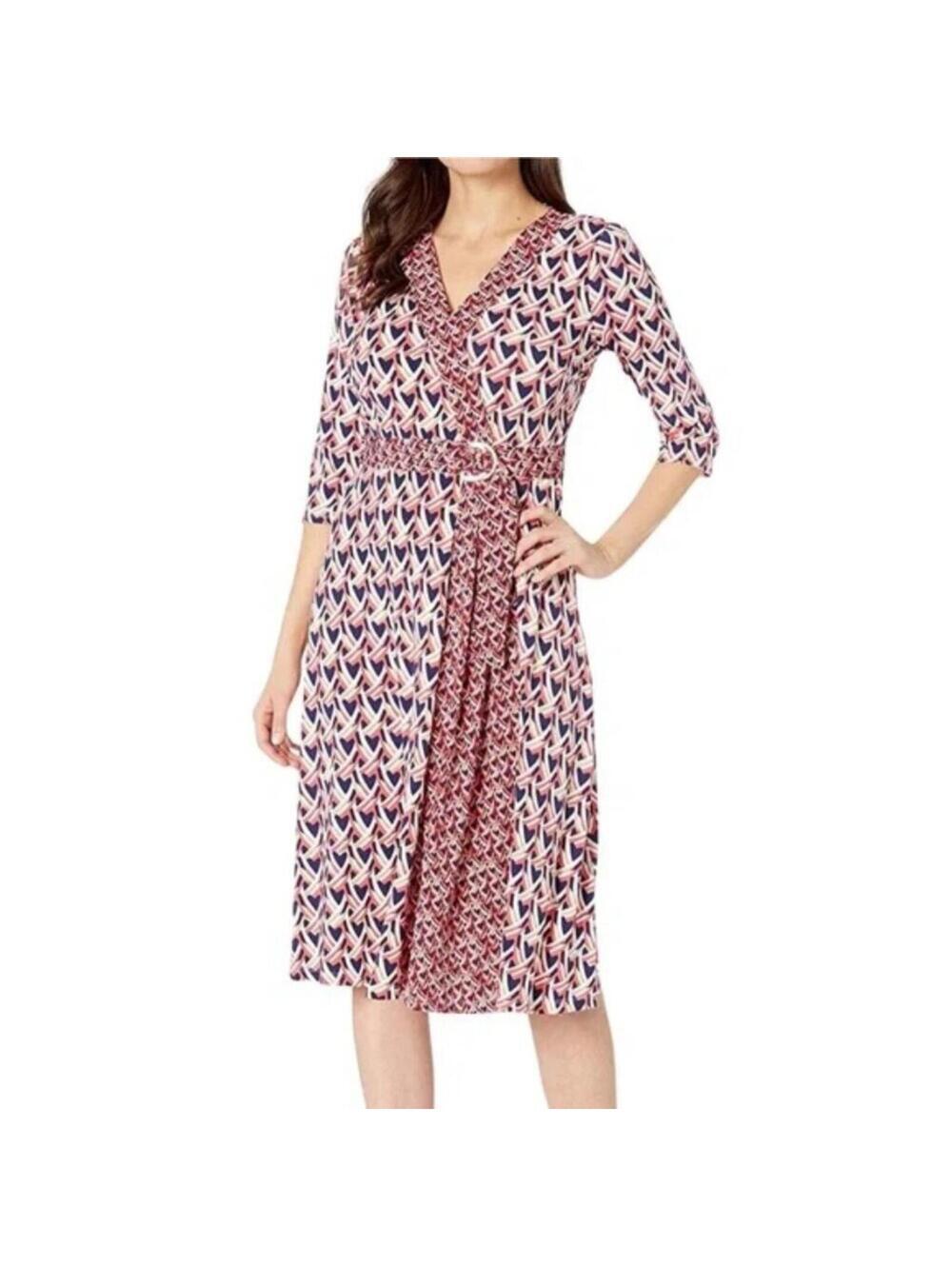 London Times Faux Wrap Midi Dress 12P Navy Coral Geometric Belt Navy Coral NWT